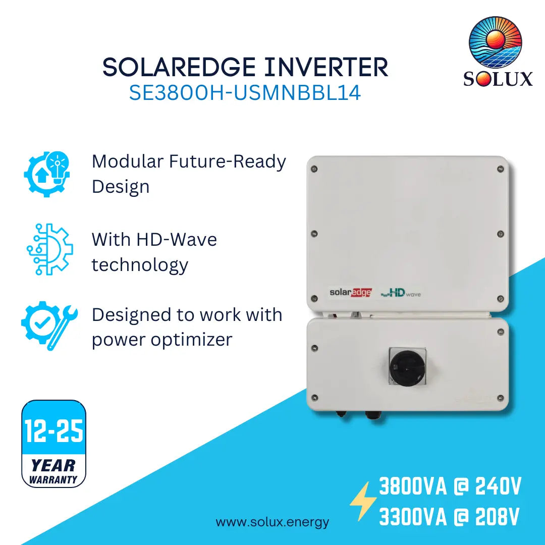 SOLAREdge Inverter SE3800H-USMNBB14 by Solux, shown as a modular two-panel unit in a light gray finish. The image is a promotional graphic with product specifications, icons, and a 12-25 year warranty badge on a white and blue background.